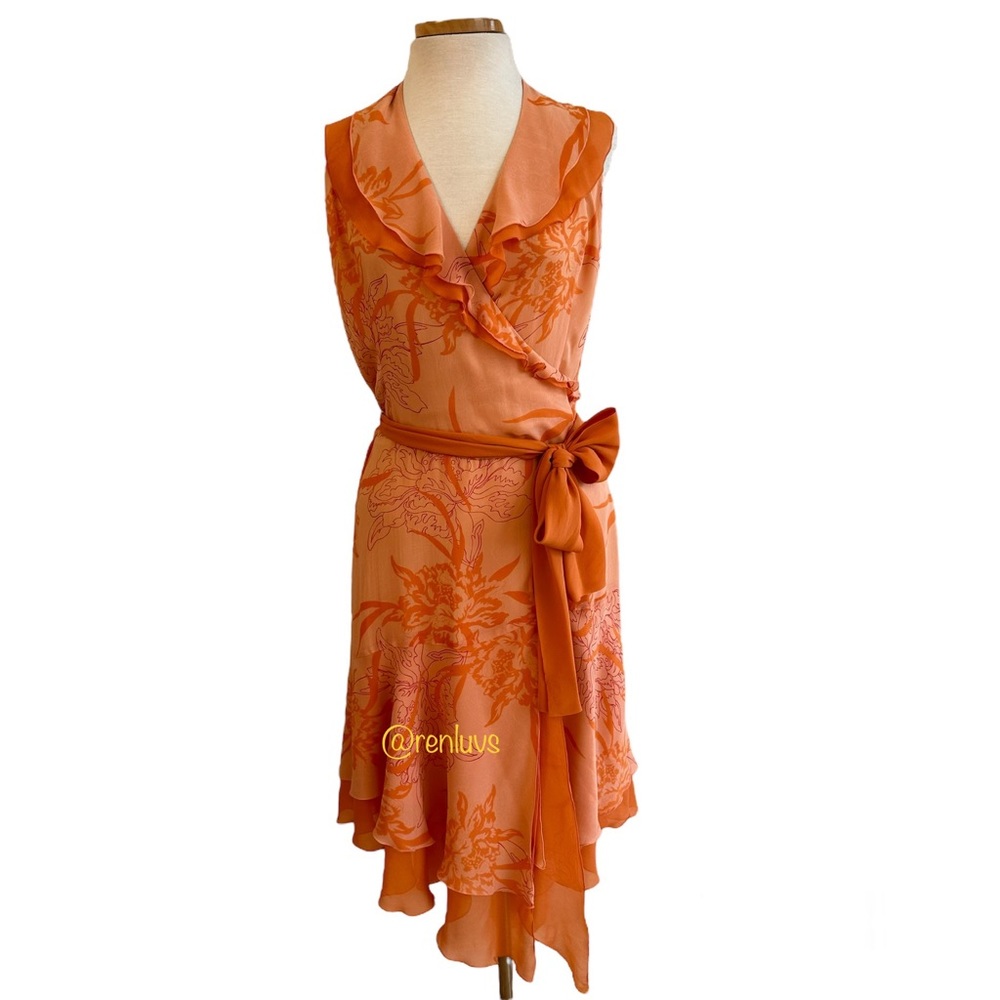 Bebe Y2K Vintage Floral Silk Halter Ruffle Neck Faux Wrap Midi Dress Sze LGE NWT